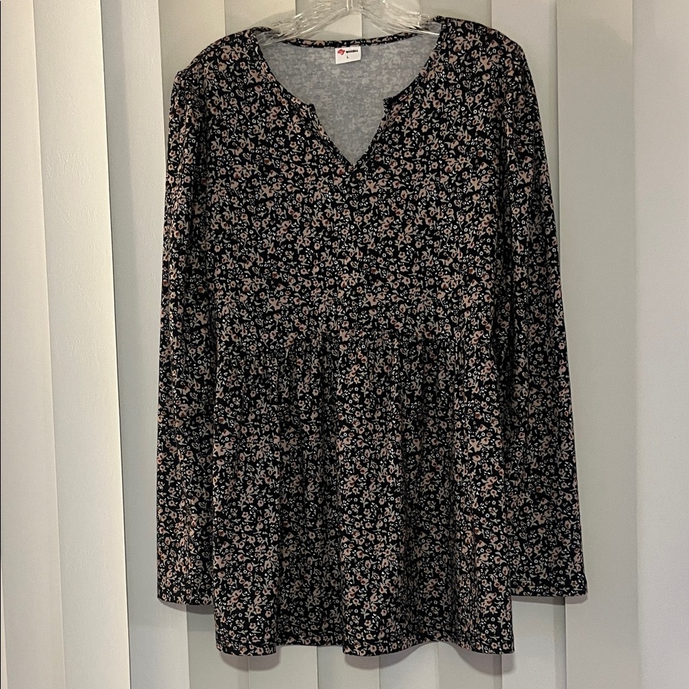 Black Floral Long Sleeve Peasant Top with Pink Flowers